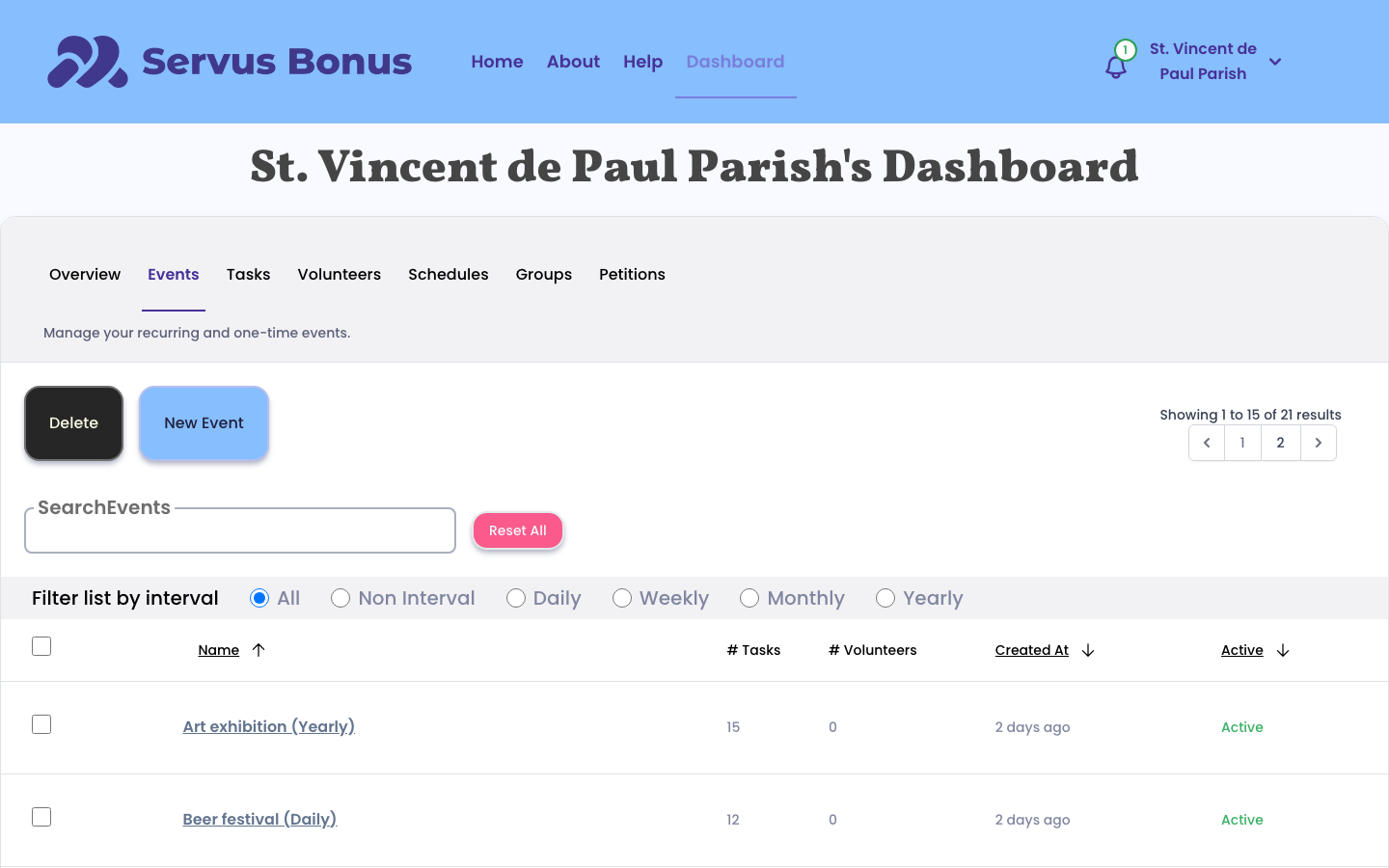 Events and tasks placeholder